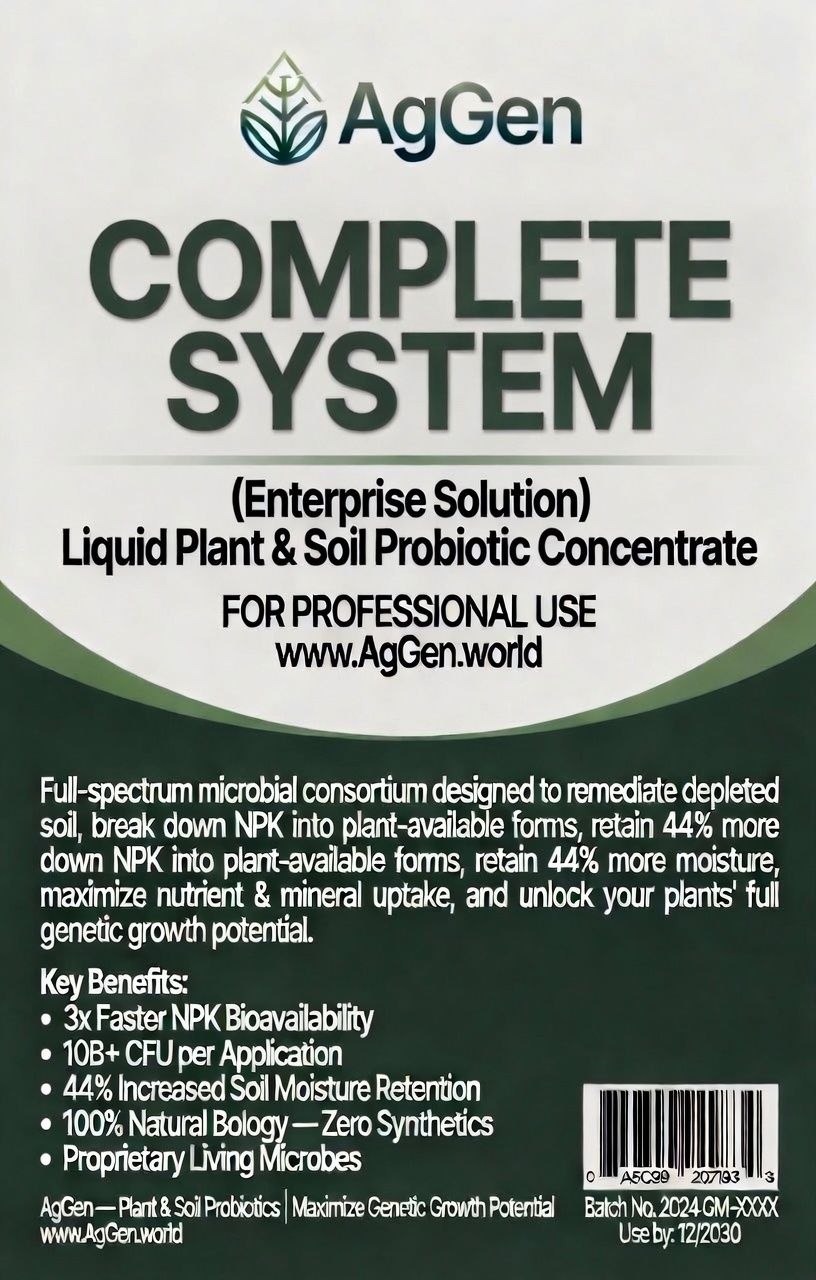 AgGen Complete System 4L liquid plant and soil probiotic concentrate label