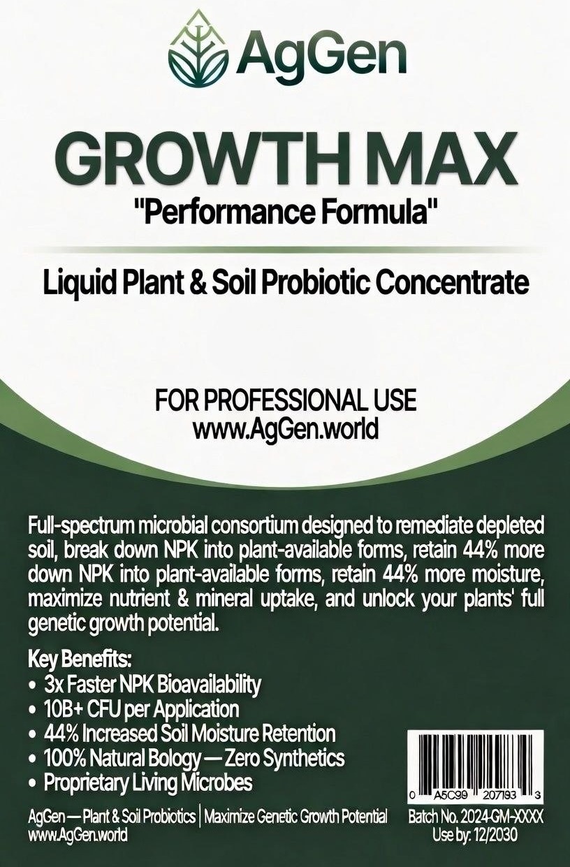 AgGen Growth Max 4L liquid plant and soil probiotic concentrate jug