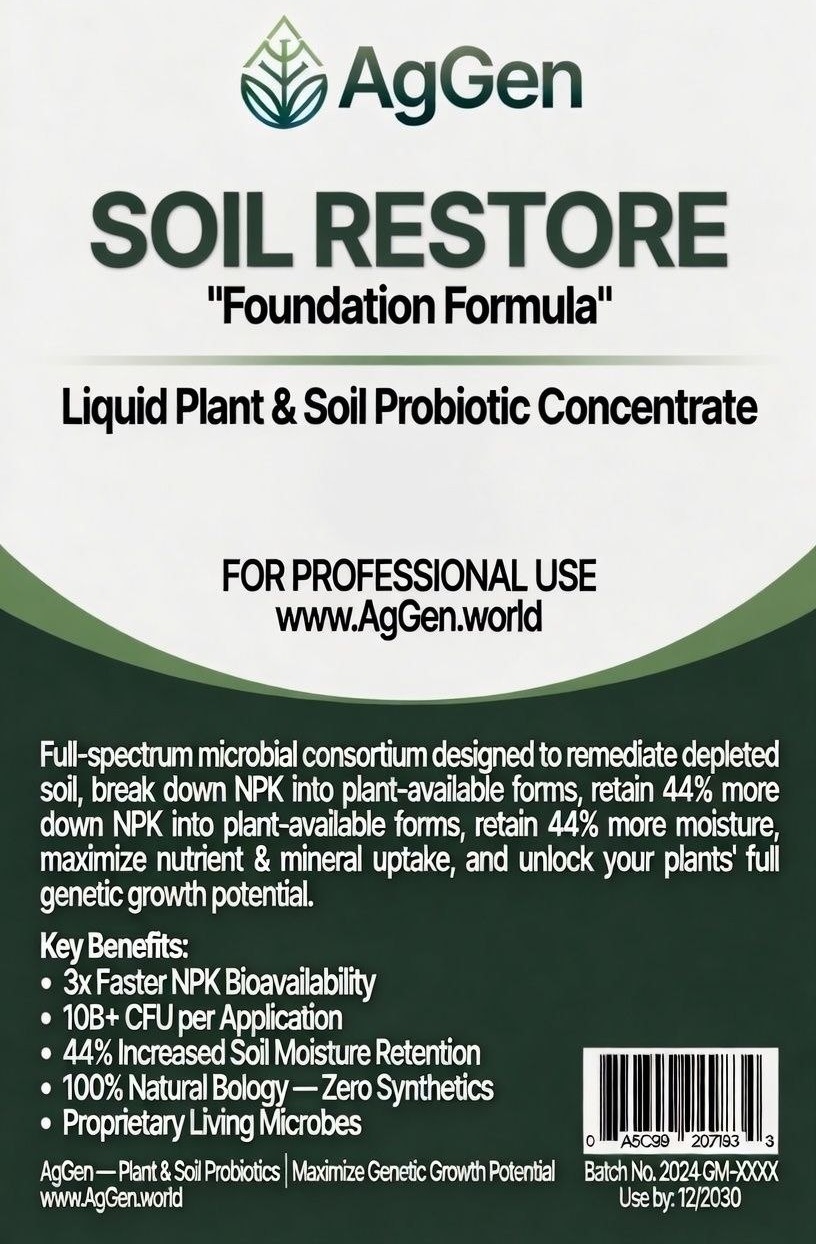 AgGen Soil Restore 4L liquid plant and soil probiotic concentrate label